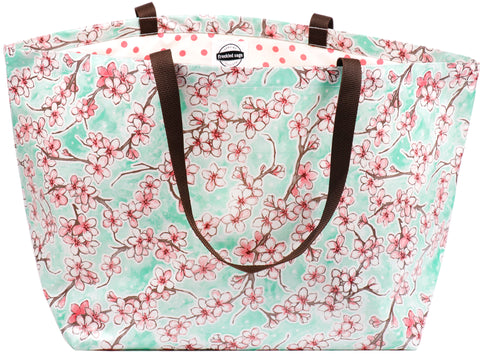 Freckled Sage Oilcloth Extra Large Tote Bag Cherry Blossom Aqua