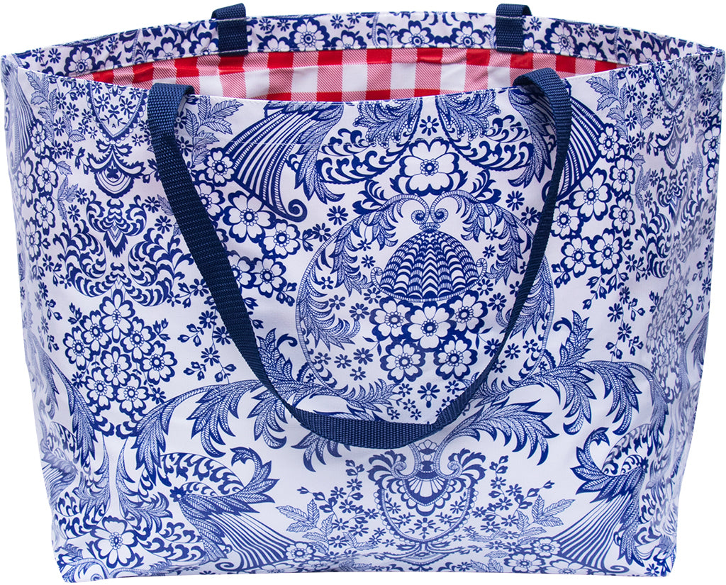 Extra Large Oilcloth Tote Bag Blue Toile