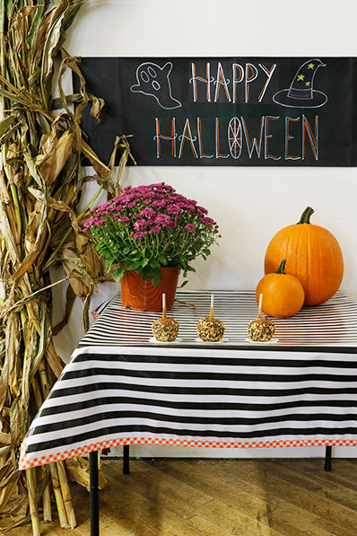 Halloween Tablecloth Black Stripes with Orange Gingham Trim Oilcloth