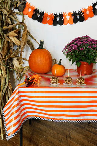 Halloween Stripe Orange With Black Gingham Trim Oilcloth Tablecloth You Pick The Size