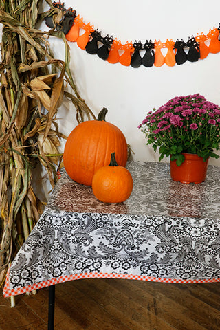 Halloween Tablecloth Toile Black With Orange Gingham Trim Oilcloth  You Pick The Size