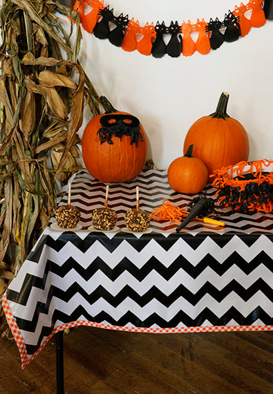 Halloween Black Chevron with Orange Gingham Trim Oilcloth Tablecloth You Pick The Size