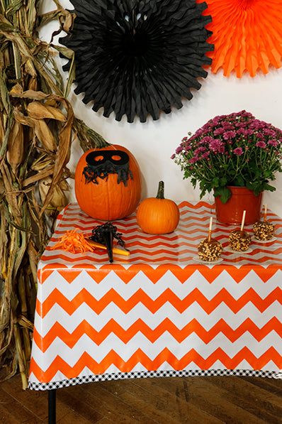 Halloween Orange Chevron With Black Gingham Trim Oilcloth Tablecloth You Pick The Size