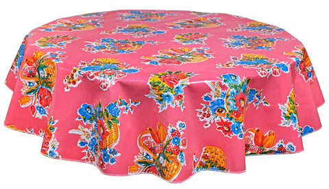 Freckled Sage Round Tablecloth Flower Basket on Pink