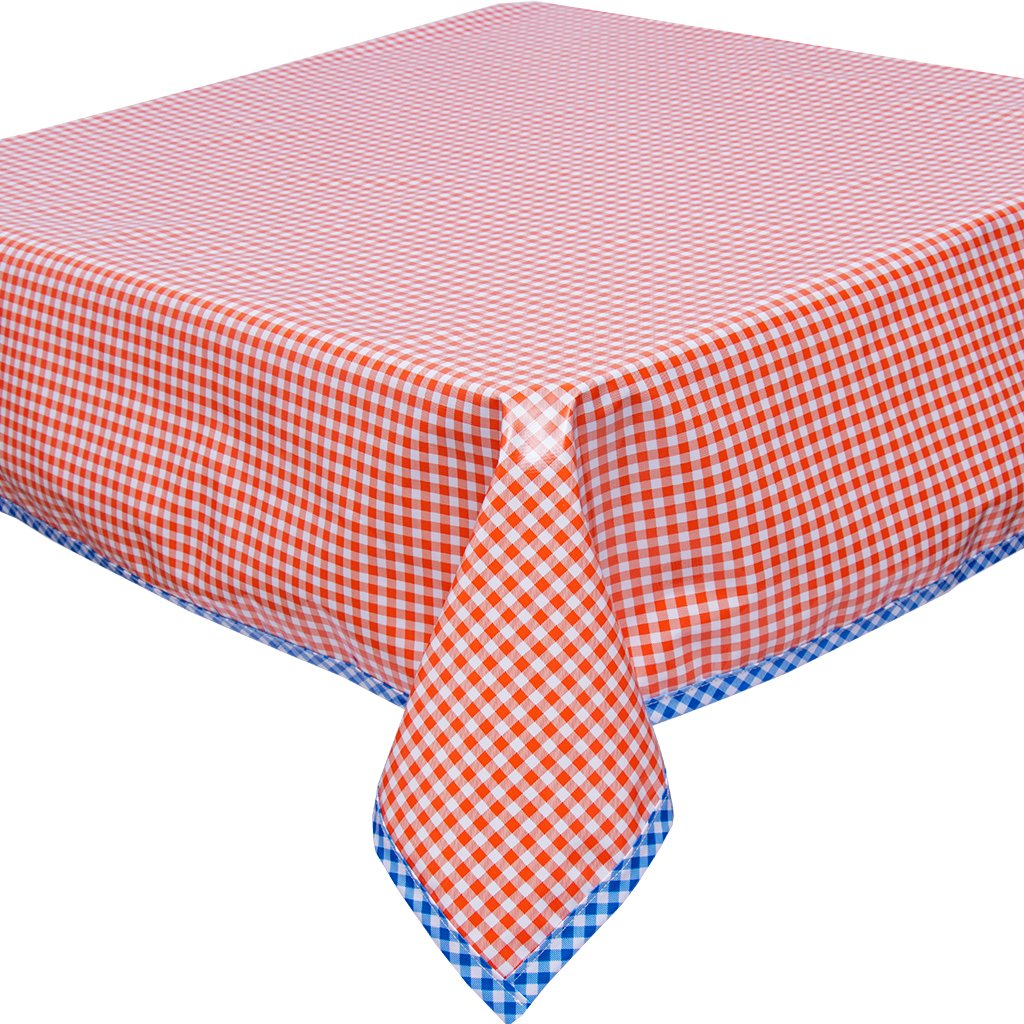 Freckled Sage oilcloth tablecloth Orange Gingham with Blue trim 