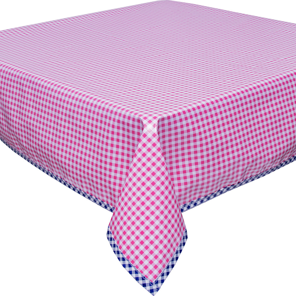 Freckled Sage Pink Gingham with Navy Gingham Trim Oilcloth Tablecloth