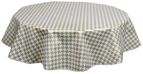 Gold houndstooth on white round oilcloth tablecloth