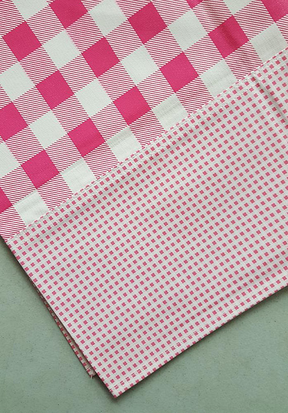 Freckled Sage Oilcloth Tablecloth Buffalo Check Pink  ends trimmed with mini gingham pink