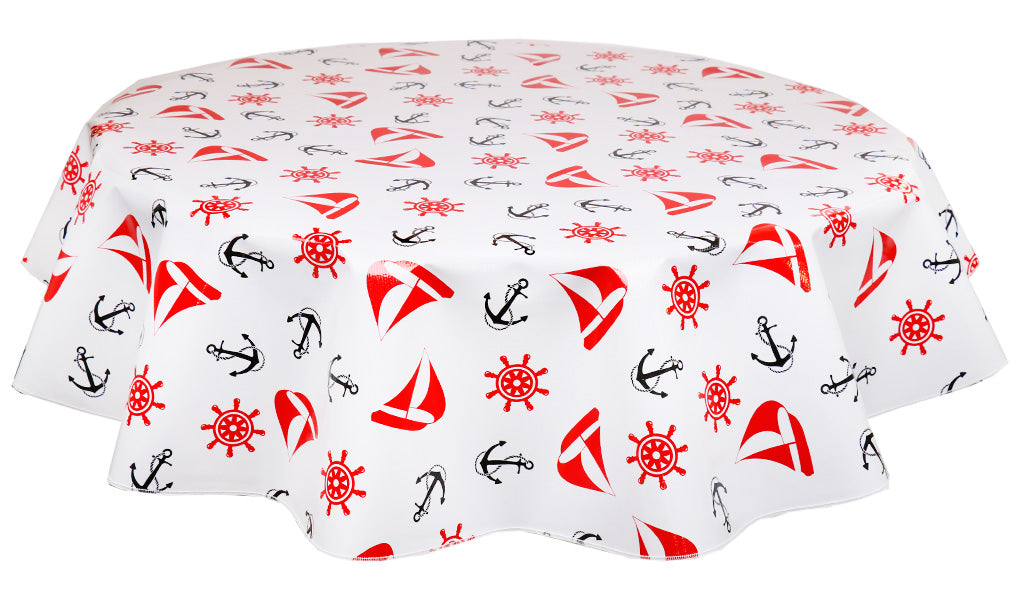 Round Oilcloth Tablecloth in Nautical Red & Black