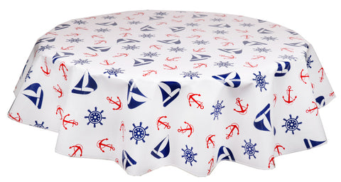 Round Oilcloth Tablecloth in Nautical Red & Blue