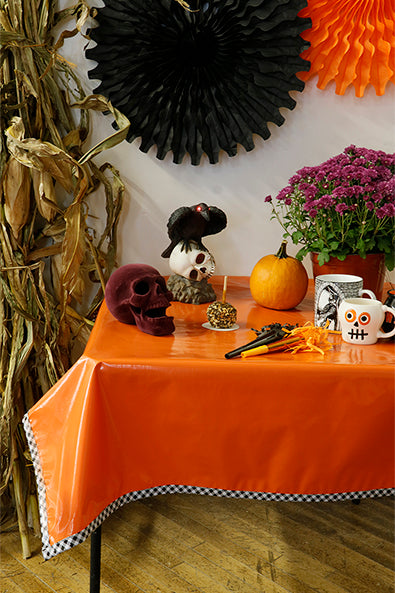 Halloween Solid Orange With Black Gingham Trim Oilcloth Tablecloth You Pick The Size