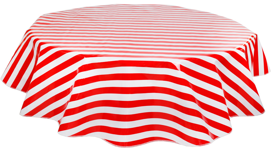 Round Oilcloth Tablecloth in Stripe Red