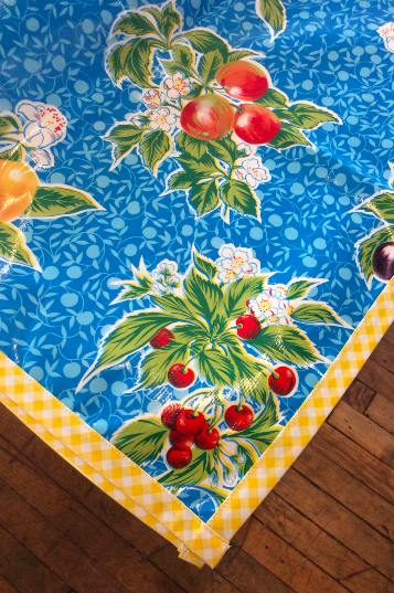 Plum Blue Oilcloth Tablecloth with Yellow Gingham Trim