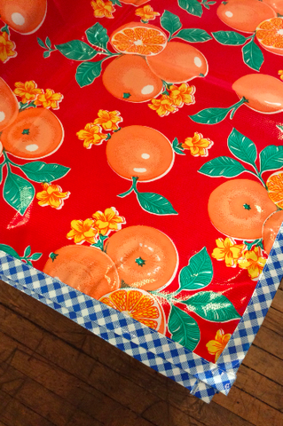 Oranges Red Oilcloth Tablecloth with Blue Gingham Trim