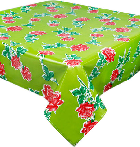 Freckled Sage Vintage Roses on Green Oilcloth Tablecloth