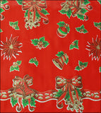 Freckled Sage Oilcloth Christmas Bells and Bows on Red swatch